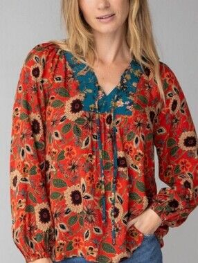 ✌🏻🌻 NATURAL LIFE 🌻 ✌🏻|  Rowan Floral Blouse - Rust & Teal, Sz Medium